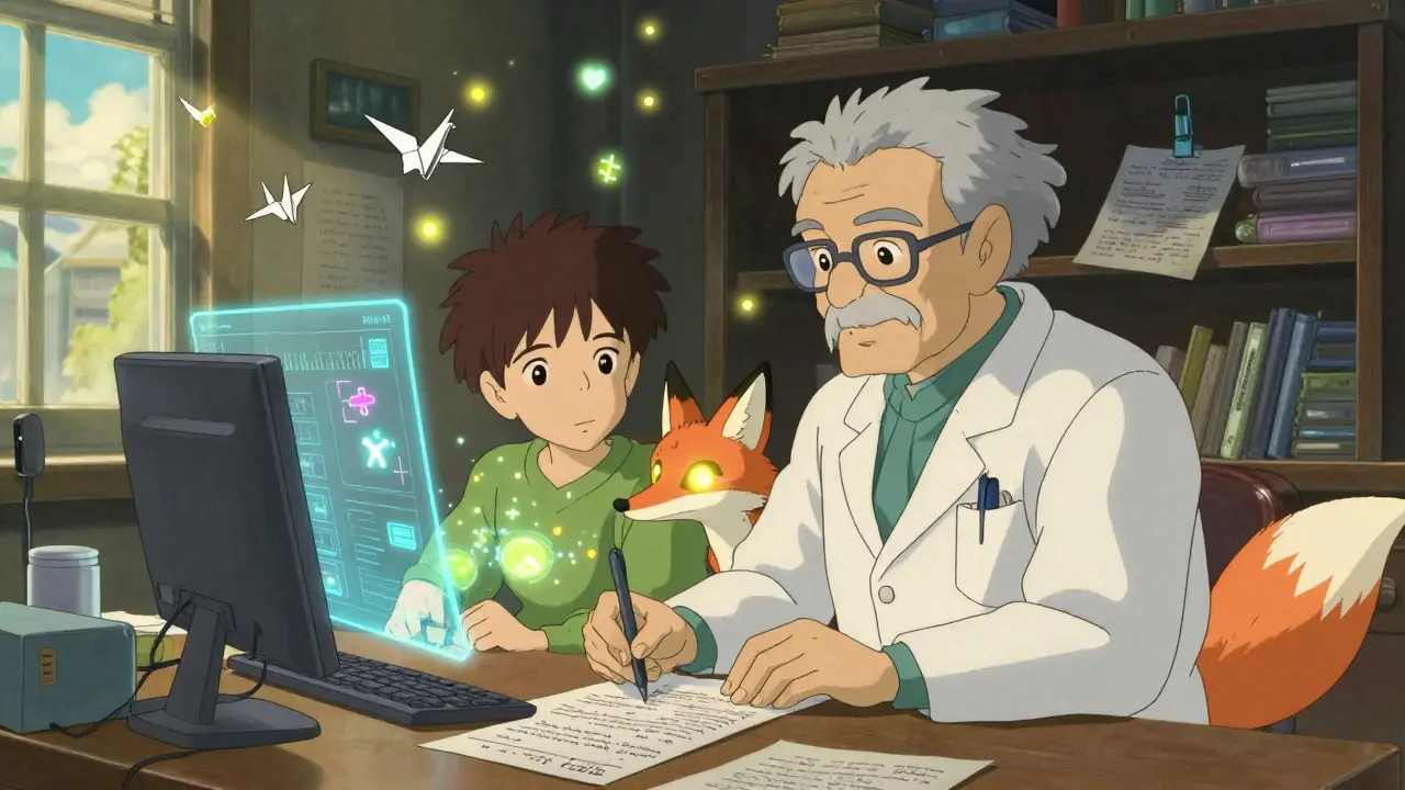 An elderly doctor and young analyst sit in a sunlit room as holographic clinical notes flutter like paper cranes around them.