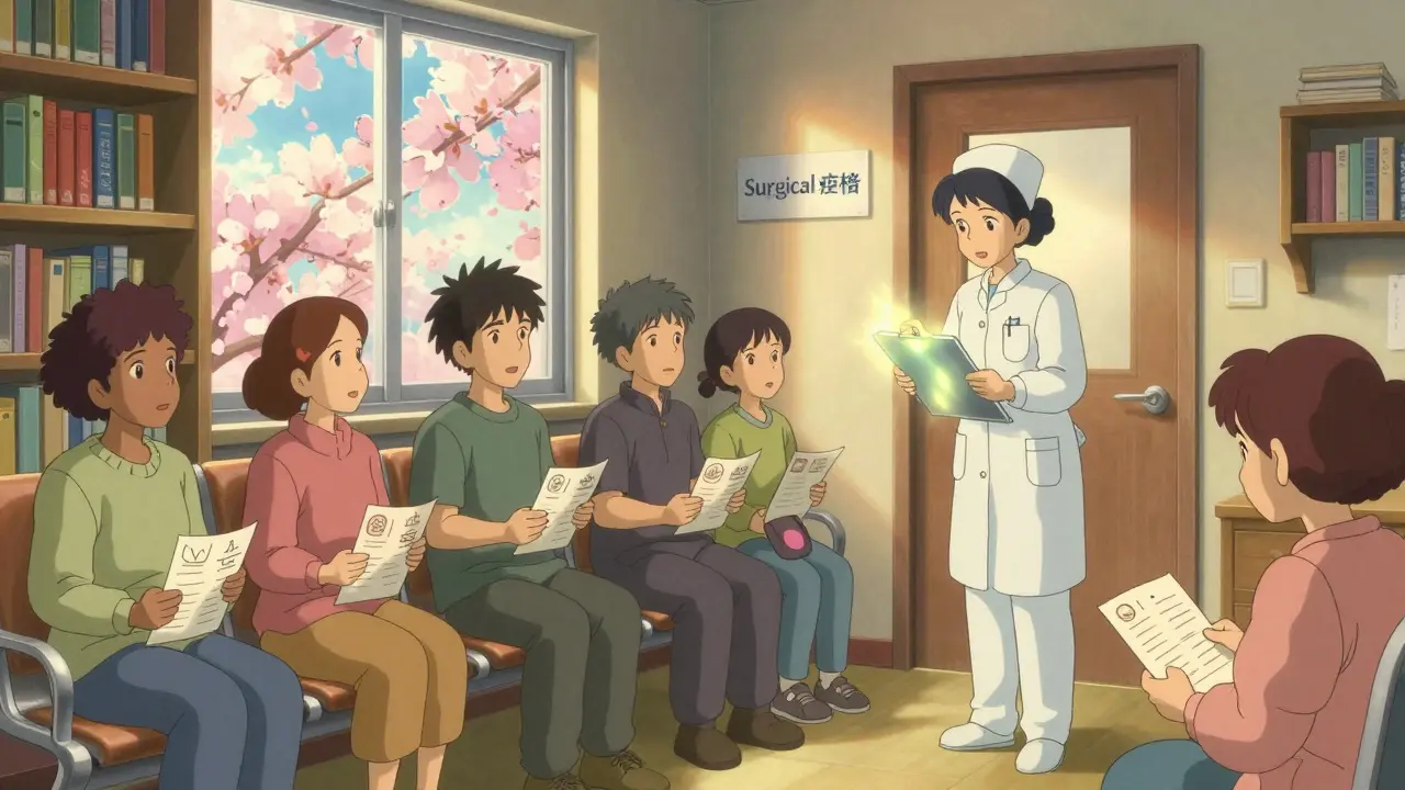 Diverse patients and families in a warm waiting room, guided toward surgical evaluation as cherry blossoms fall outside.
