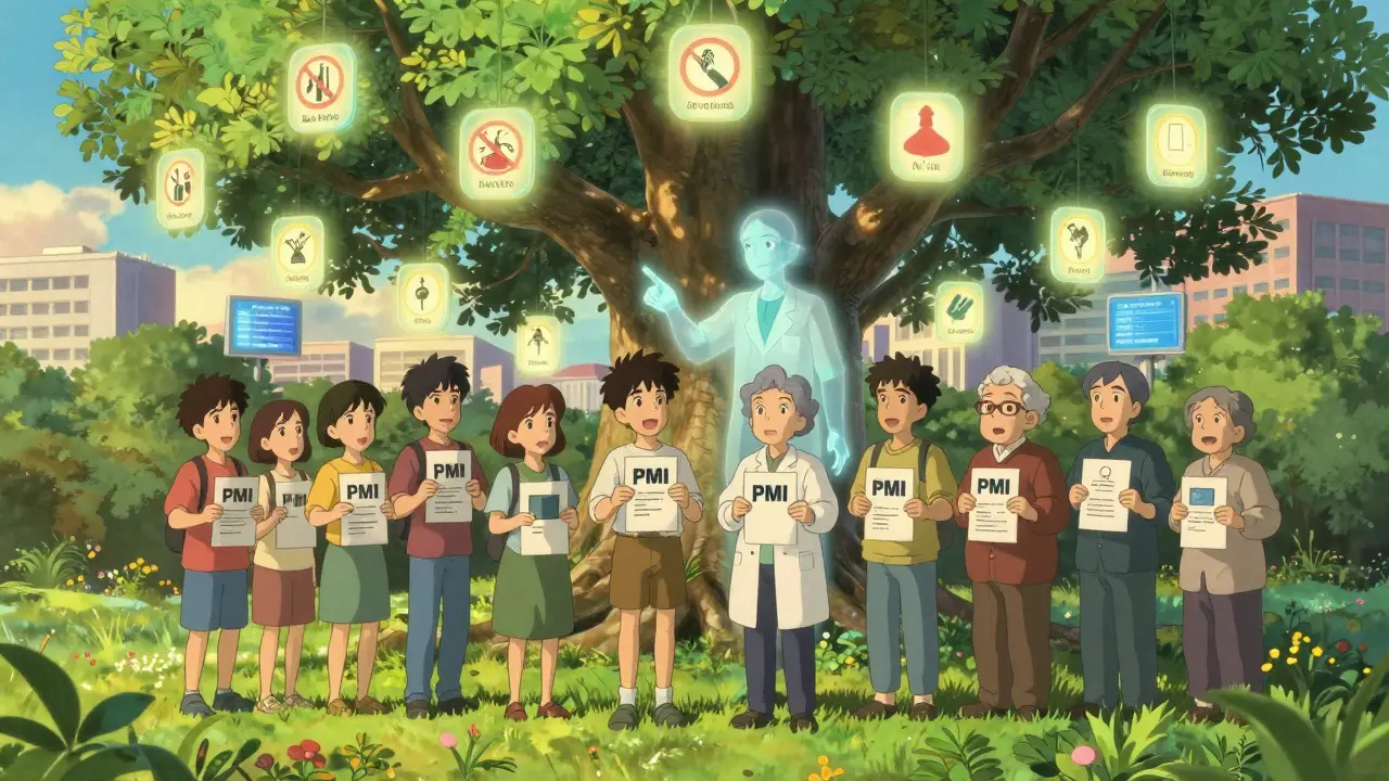 Diverse patients holding PMIs under a glowing tree with safety icons as leaves, guided by a spirit pharmacist.