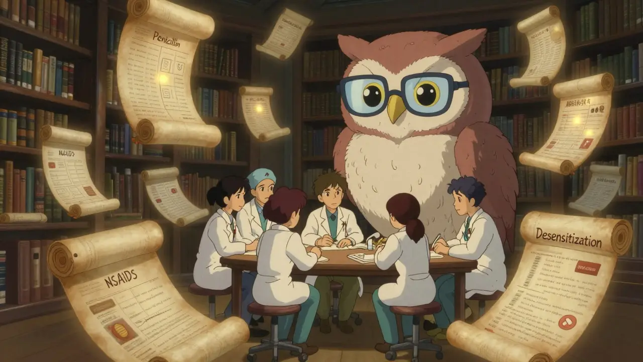 Doctors and an owl guardian oversee floating medical scrolls about drug allergies.