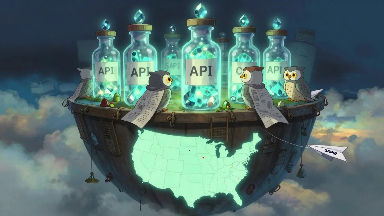 Floating crystalline API vials guarded by owl-like spirits in the clouds, with a glowing U.S. map below and a paper airplane labeled 'SAPIR' flying away.