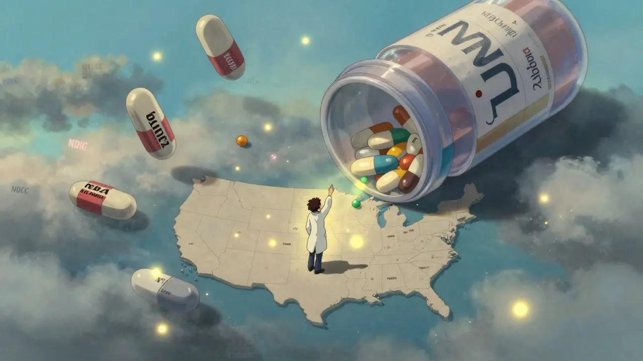 Floating generic drug fragments and glowing NDC codes drift in a misty sky inside a giant pill bottle.