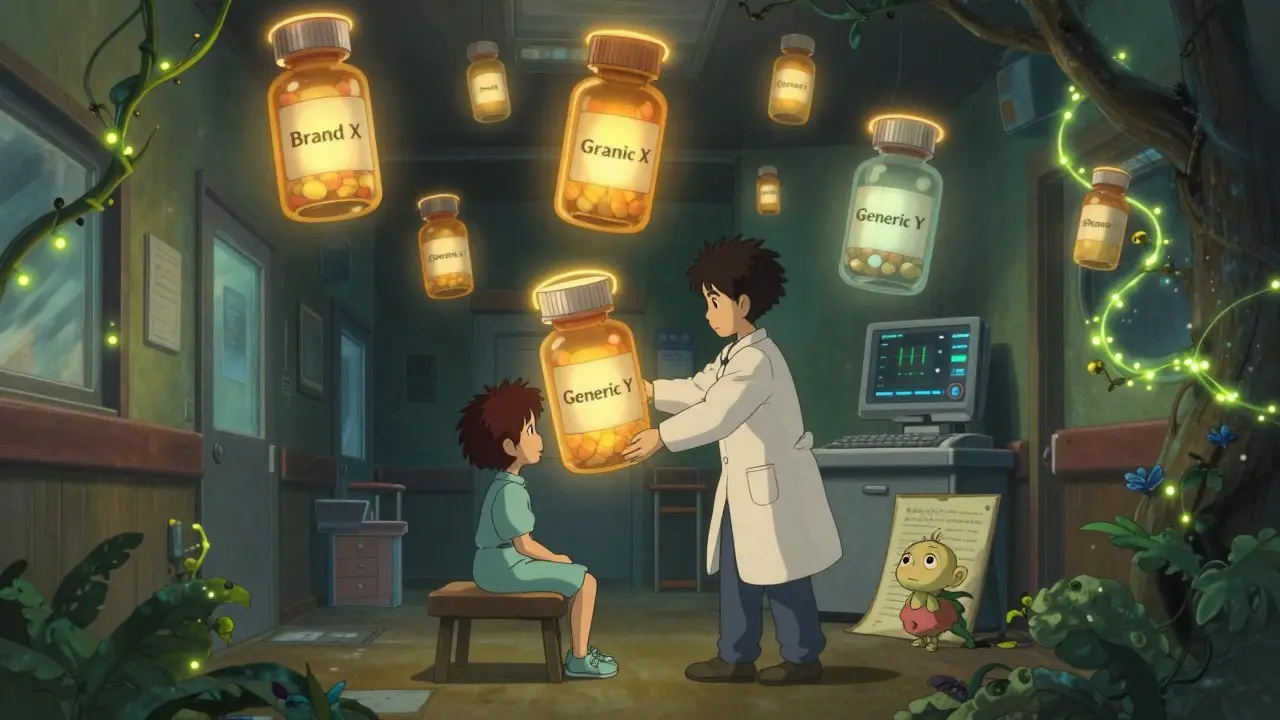 Floating pill bottles in a hospital hallway glow differently, guided by a doctor as forest spirits watch, symbolizing choice defaults.