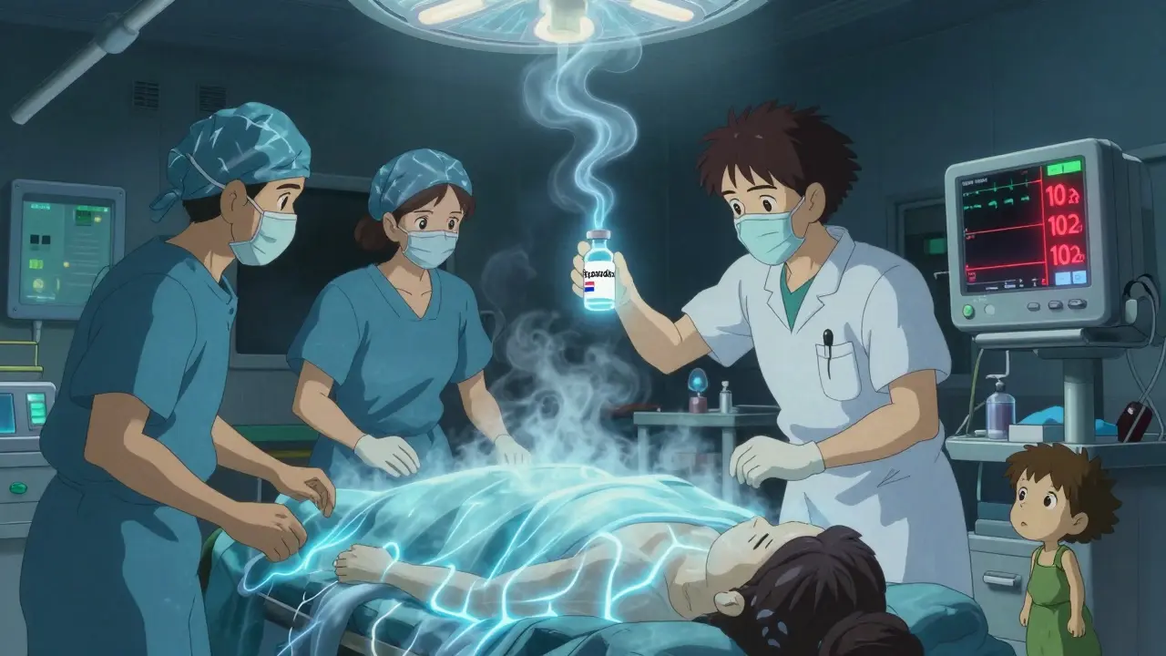 Medical staff rushing to treat a patient with rising heat and CO2, holding a glowing dantrolene vial.