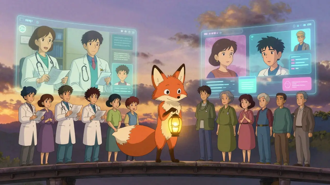 People on a bridge connect traditional medicine with social media, guided by a fox spirit holding a lantern labeled 'Trust'.