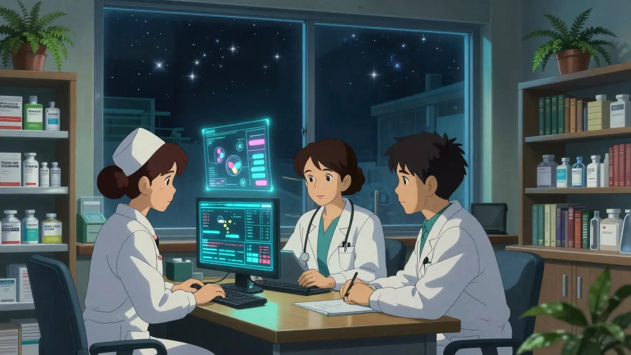 Poison Control specialists working with glowing toxicology data in a quiet, peaceful center.