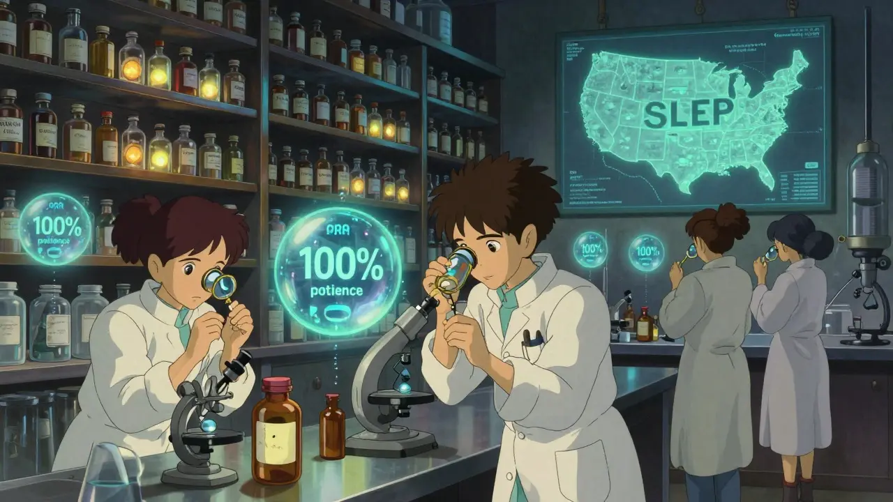Scientists in a glowing lab examining ancient pills with floating potency data orbs.