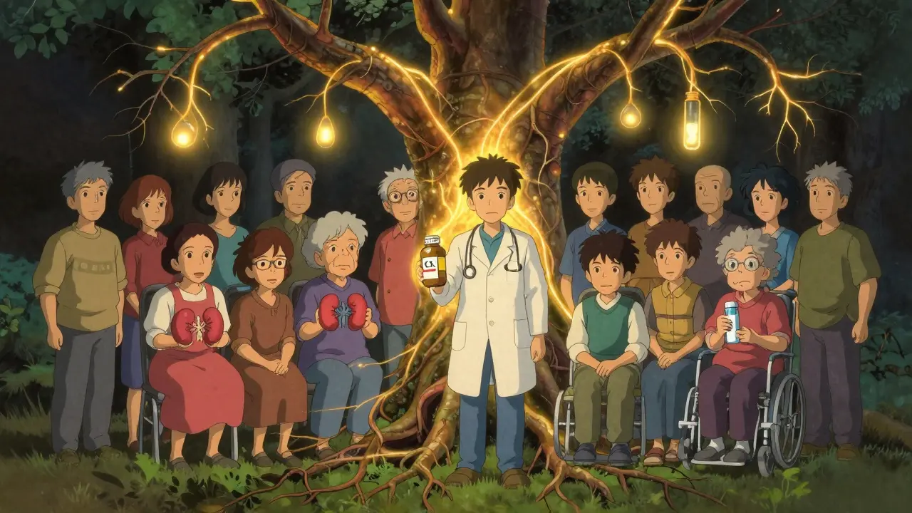 A diverse group of patients stand under a tree with heart-shaped roots, each holding symbols of health risks and CK testing.