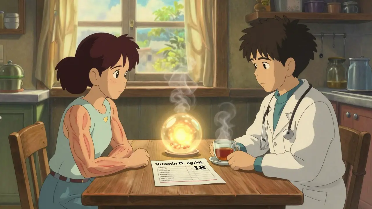 A doctor and patient discuss a blood test report at a sunlit kitchen table, with a glowing light above the patient’s muscles.