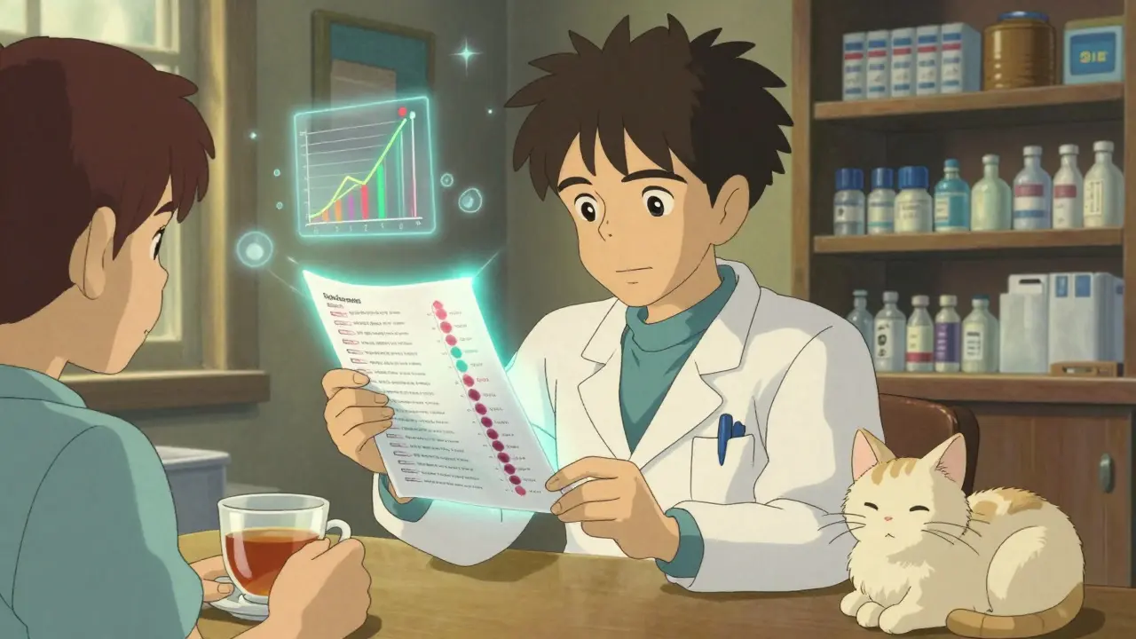 A doctor and pharmacist reviewing a glowing blood test chart in a cozy clinic with soft lighting and a cat nearby.