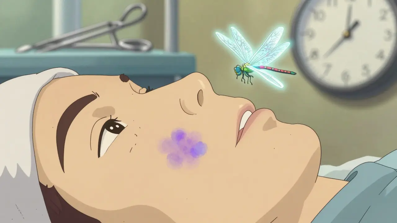 A faint purple bruise on a cheek glows softly, with a dragonfly spirit symbolizing gentle healing.