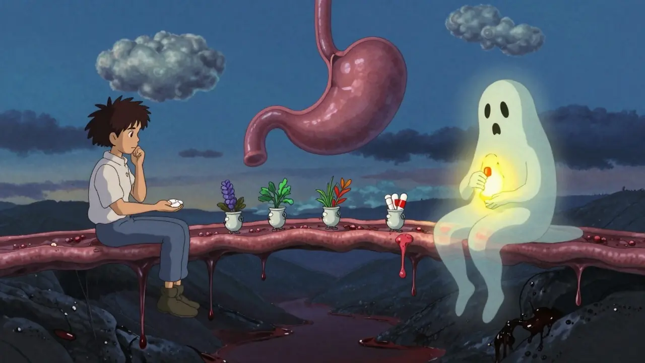 A fragile mucus bridge over black blood, with a patient hesitating to stop medication as a glowing stent warns of danger, surrounded by healing spirits.