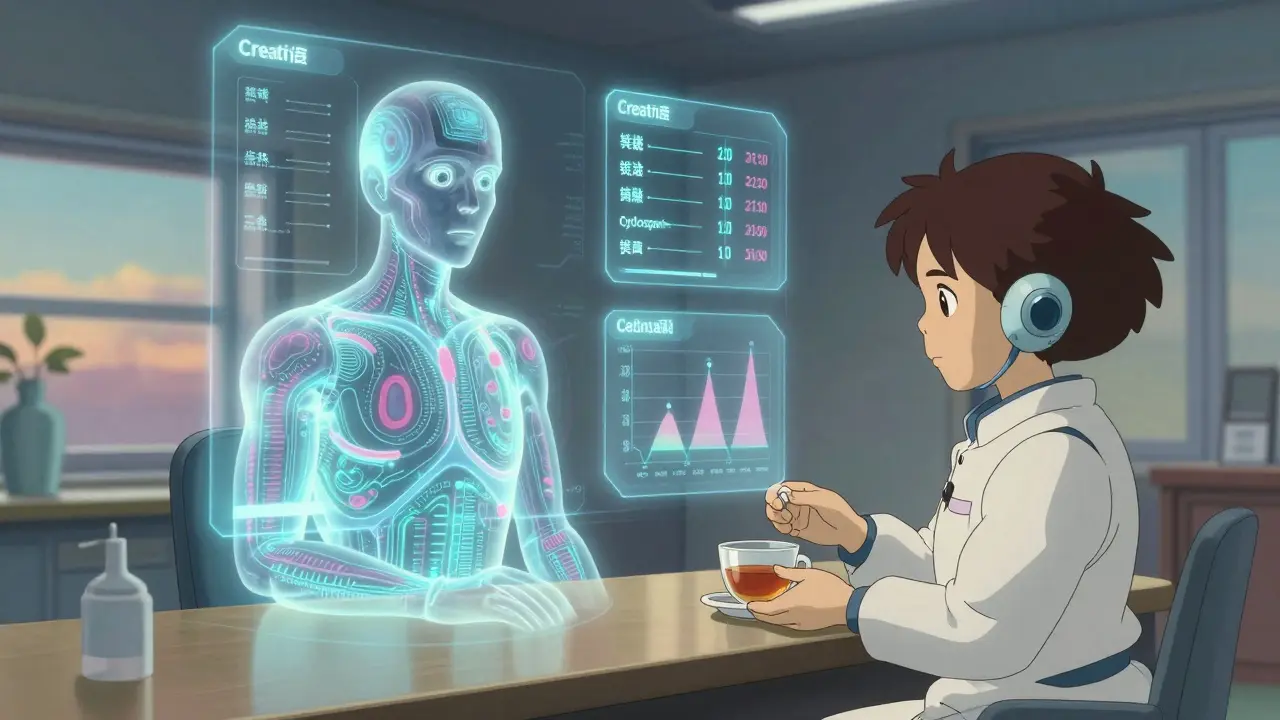 A futuristic clinic with a floating AI analyzing patient data, attended by a gentle robot, in Studio Ghibli style.