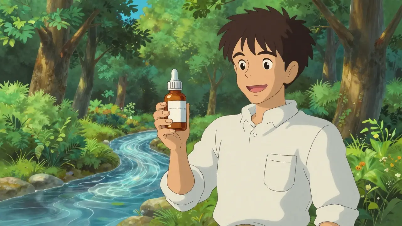 A man smiling in a park holding a medication bottle with a clear stream symbolizing healthy bladder flow.