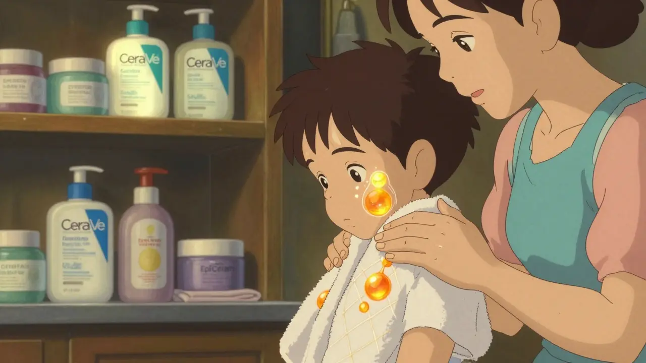 A parent applying ceramide cream to a child's damp skin, with three glowing orbs merging into a lipid lattice.