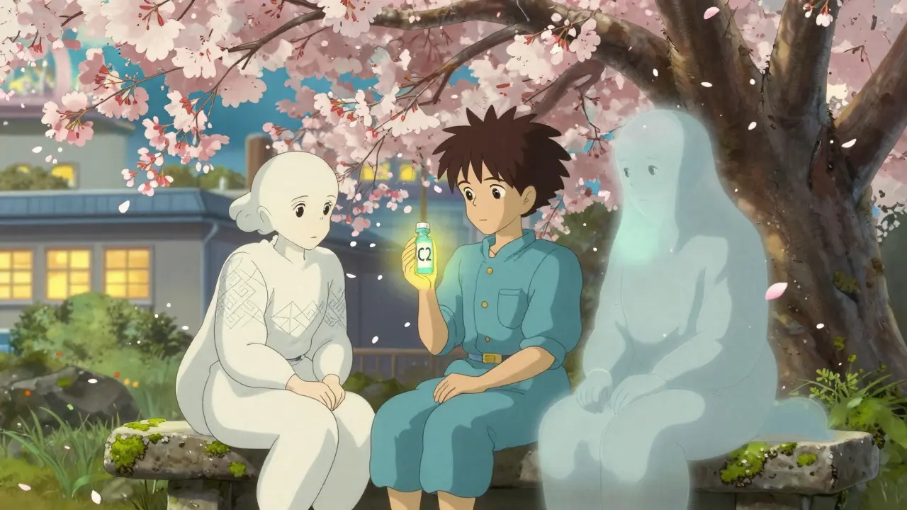 A patient holding a glowing C2 vial as two spirit figures compare drug test methods under cherry blossoms.