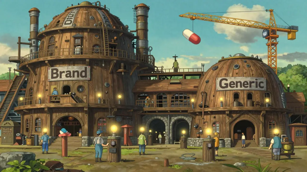 A shared factory with identical processes for brand and generic drugs, staffed by the same workers.
