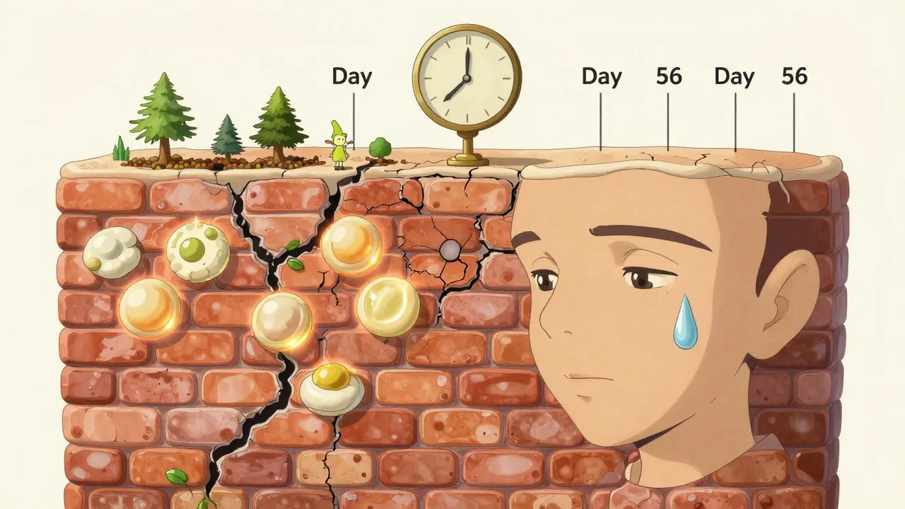 A time-lapse of cracked skin healing into a healthy barrier as tiny sprites rebuild it with ceramides and moisture.