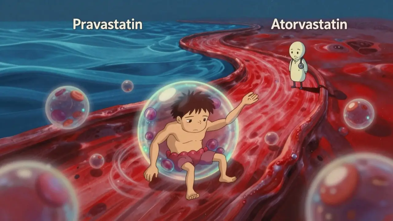 A tiny muscle cell floats in a bloodstream, guided by a spirit toward a calmer statin path amid swirling molecules.