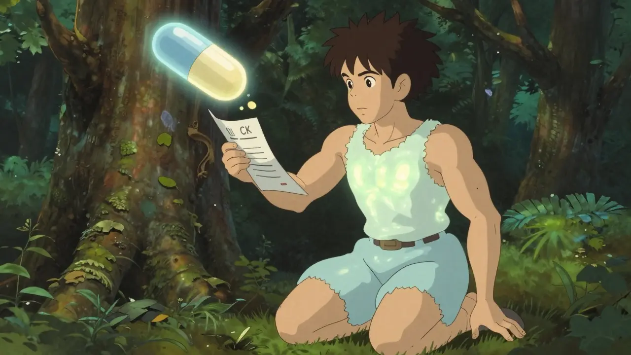 A young athlete in a forest holds a medical report with a glowing statin pill dissolving into leaves, symbolizing false CK alarms.