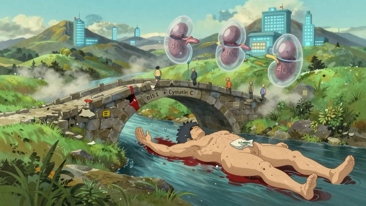 Aging body as a valley with blood river, BIS1 bridge replacing crumbling creatinine bridge, kidneys floating above.