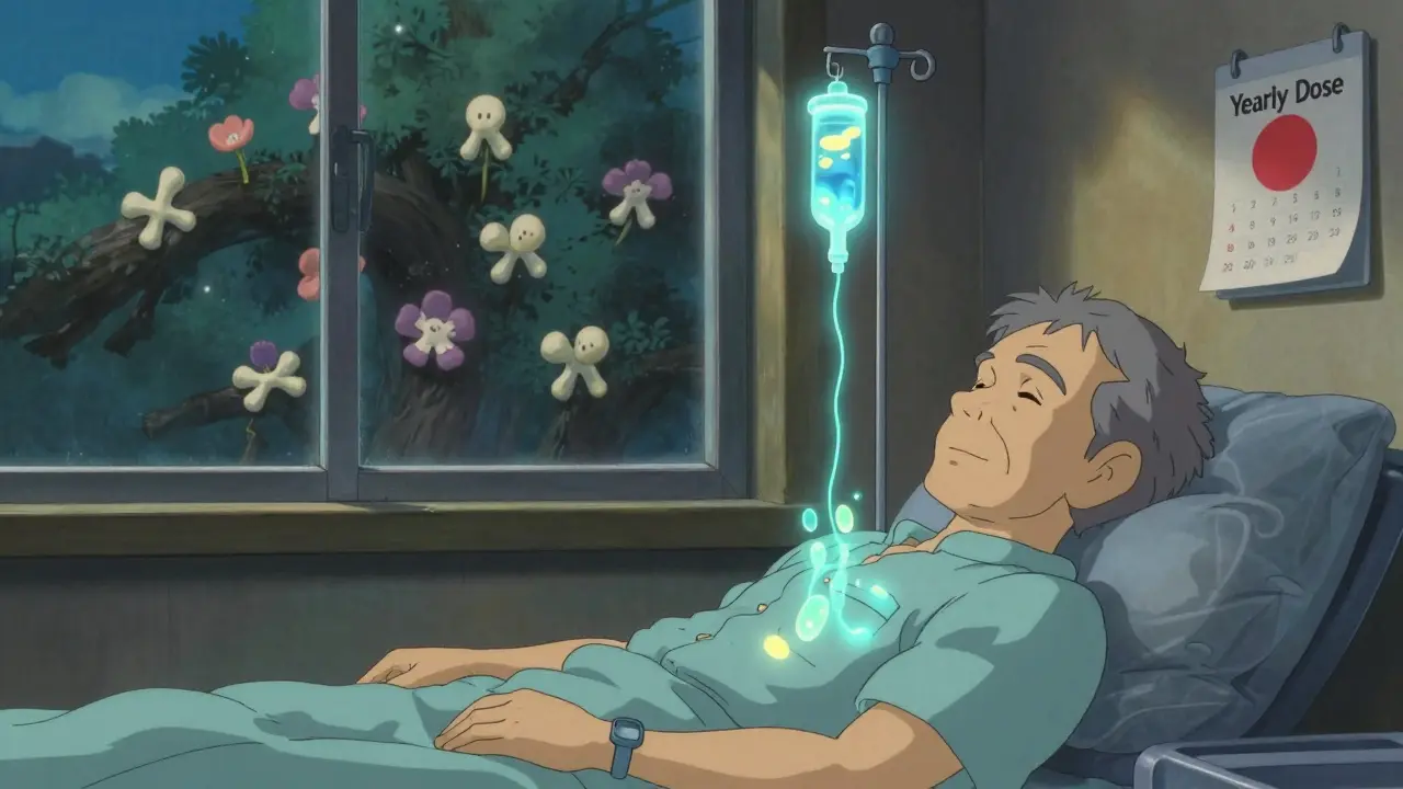 An elderly man receiving a yearly IV infusion as glowing particles calm bone-damaging cells, with bone-shaped flowers outside the window.