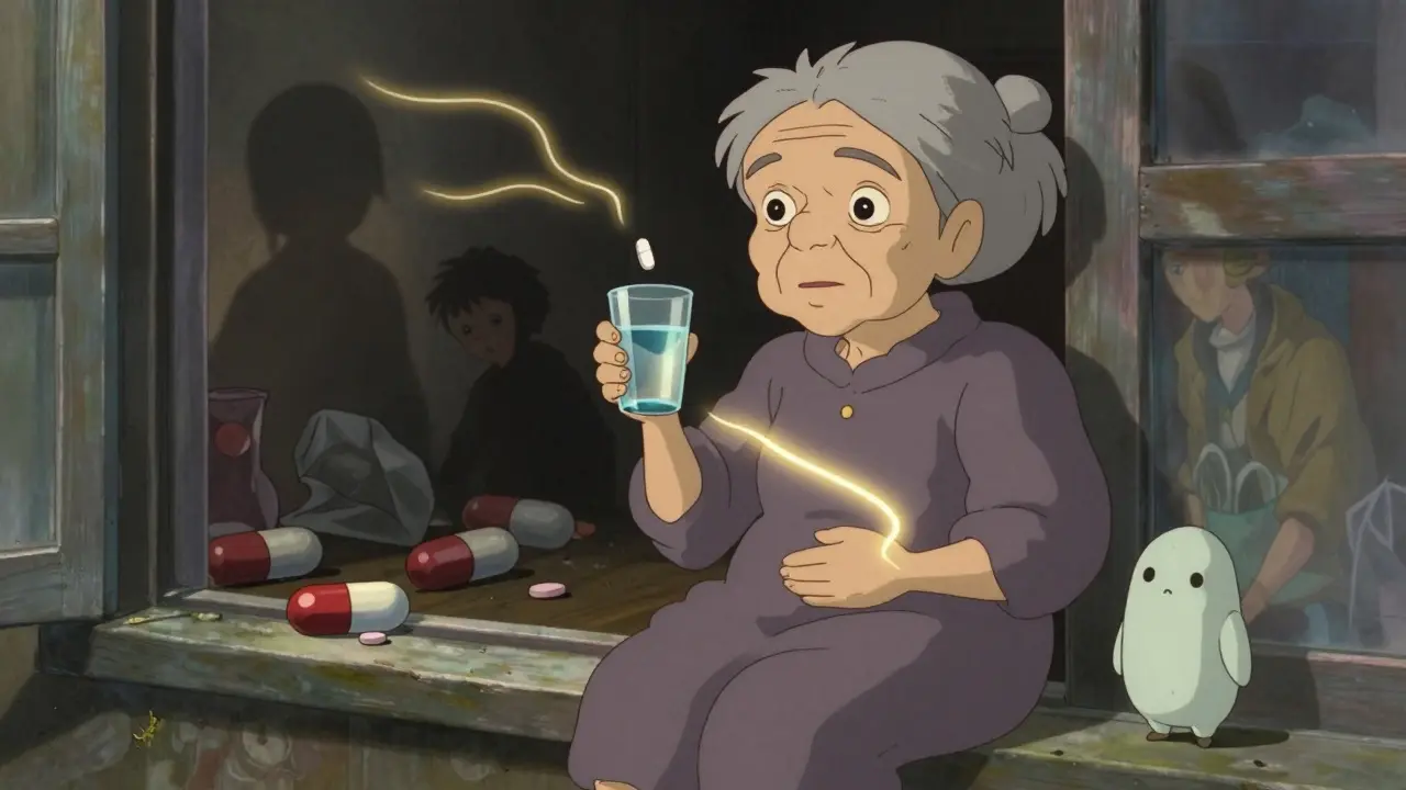 An elderly woman sitting upright with a pill floating toward her stomach, guided by golden light and watched over by a gentle spirit.