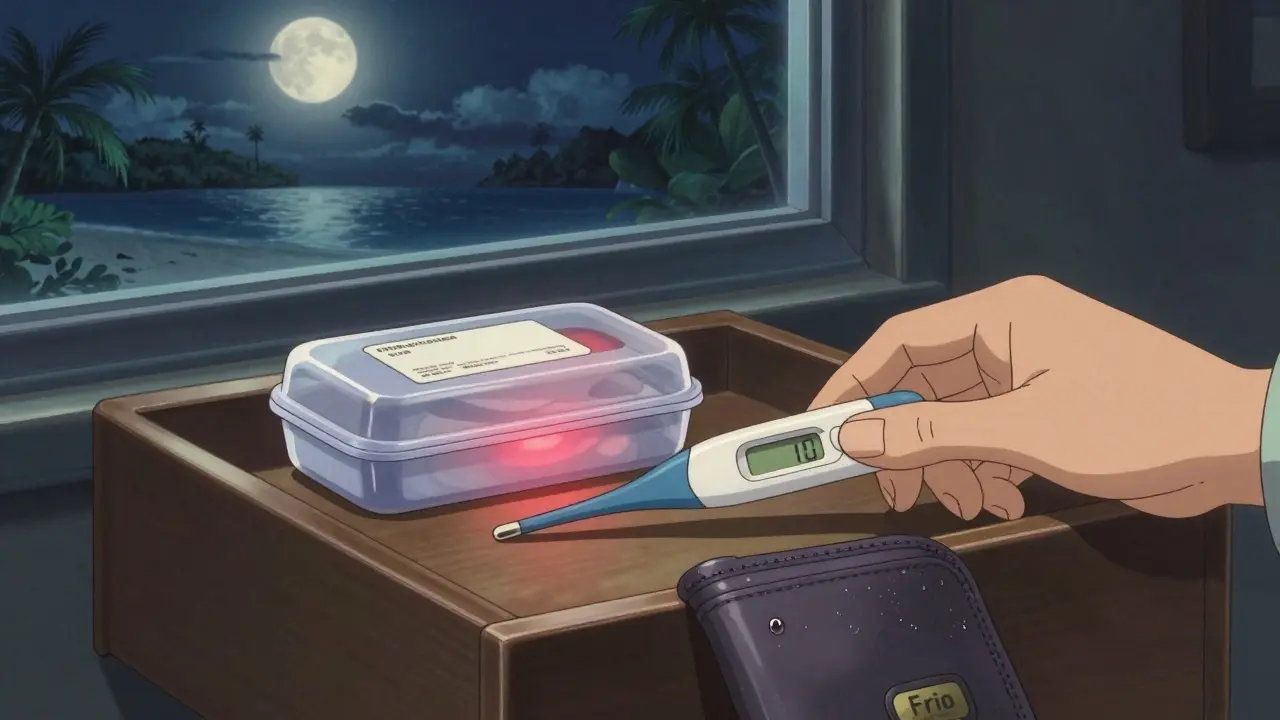 Medication case in a hotel drawer with a thermometer and faint heat warning.