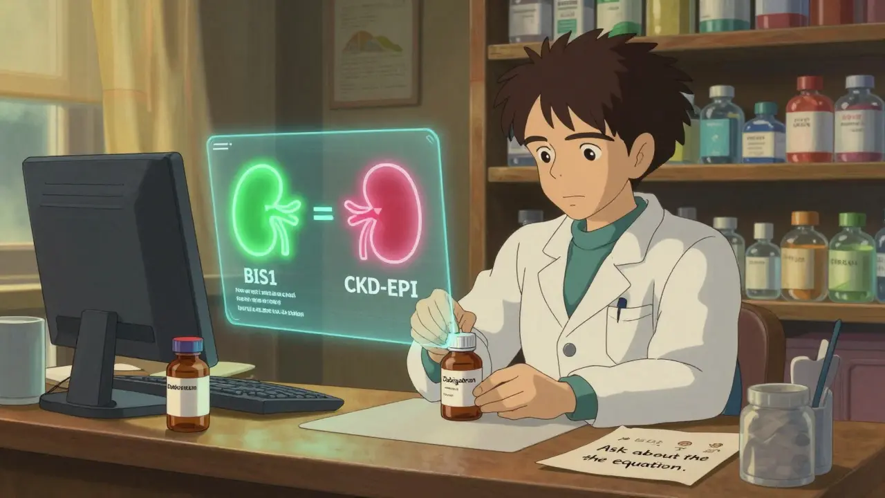 Pharmacist adjusting medication for a senior, with holographic kidney function comparison and cystatin C vial on counter.