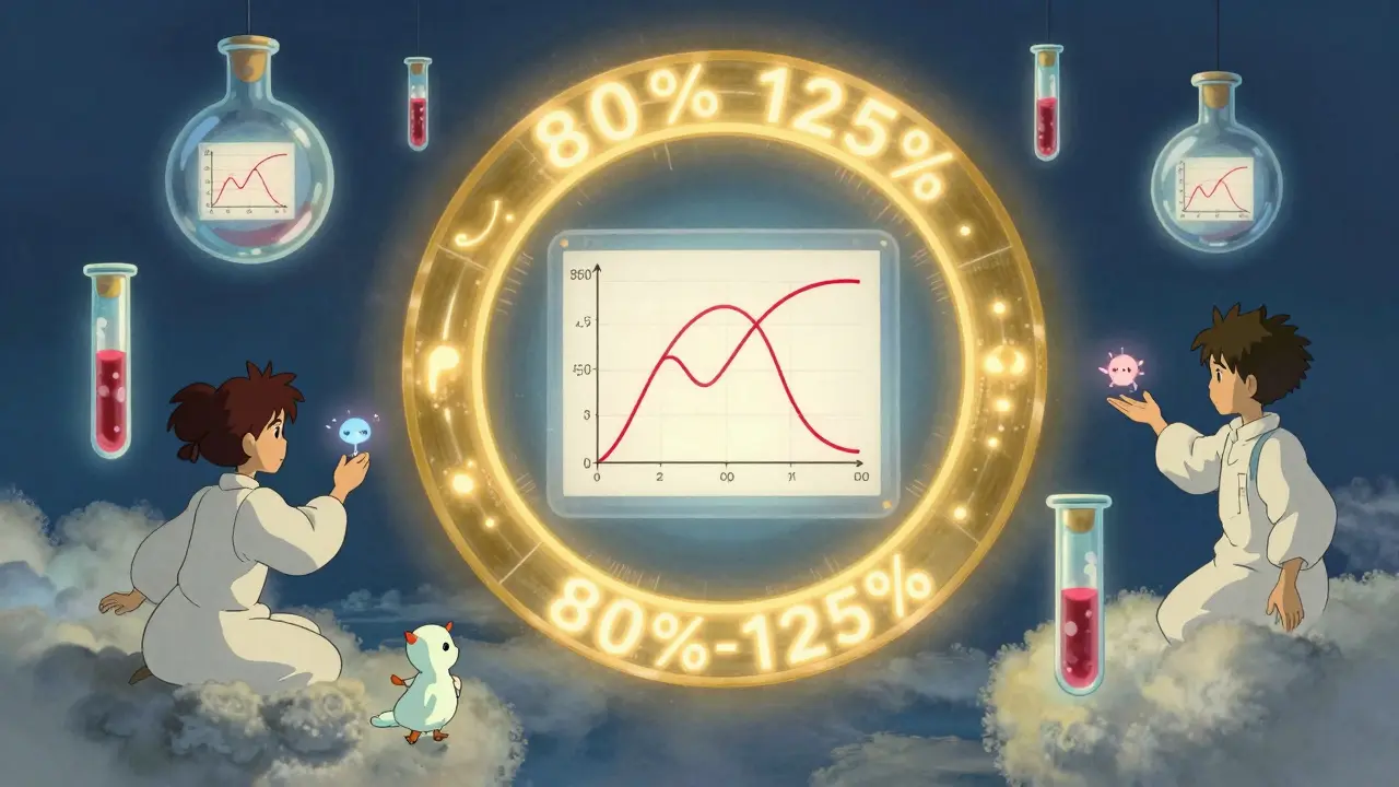 Scientists in a floating lab observe glowing blood data forming a perfect 80-125% confidence ring.