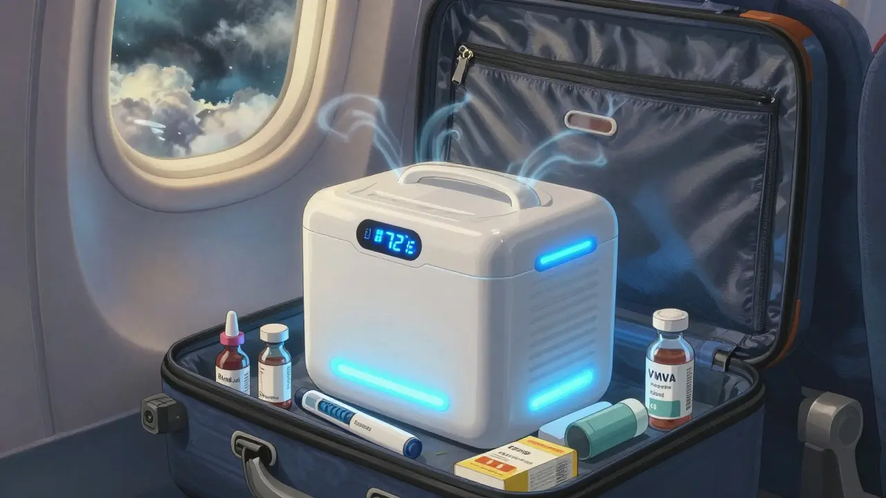 Smart medication cooler glowing softly inside an airplane carry-on.