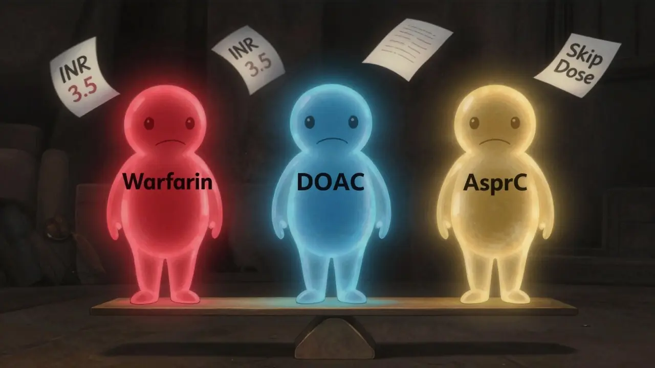 Three glowing figures representing different blood thinners balance beside a patient, symbolizing safe choices.
