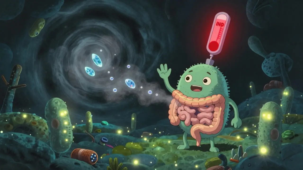 A glowing gut microbiome being disrupted by a shadowy antibiotic, causing vitamin K crystals to fade.