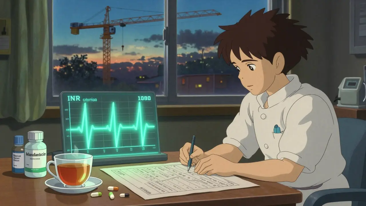 A patient and pharmacist reviewing INR charts with safe antibiotics glowing beside a cup of tea.