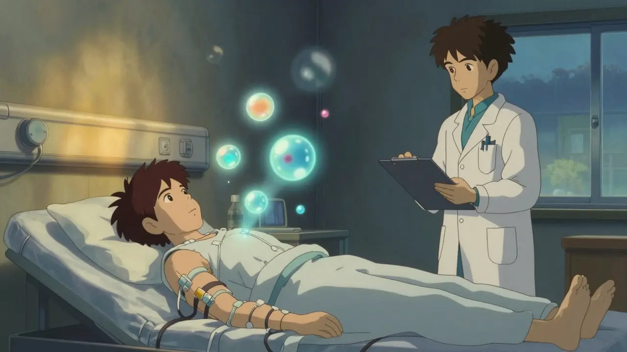 A patient in a sleep lab as glowing hypocretin molecules fade away, with a doctor observing calmly in soft dawn light.