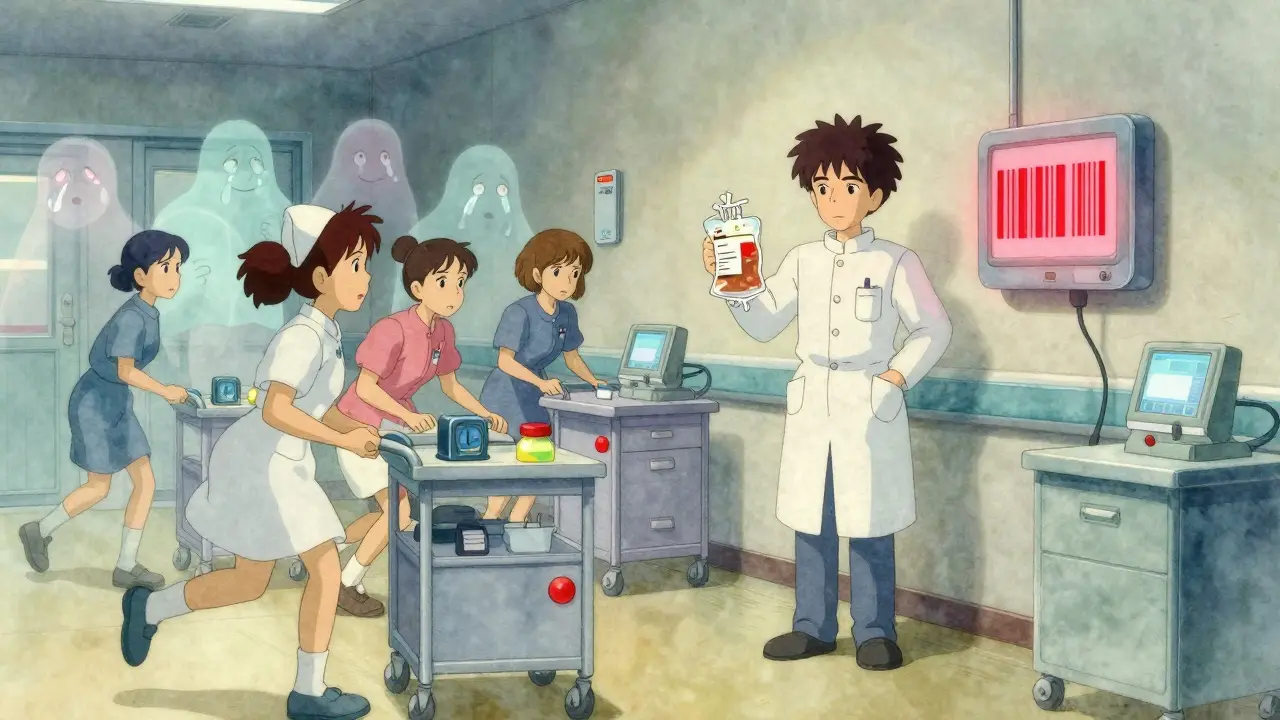 A pharmacist holds a discolored chemotherapy bag as a barcode scanner flashes red in a busy hospital ward.