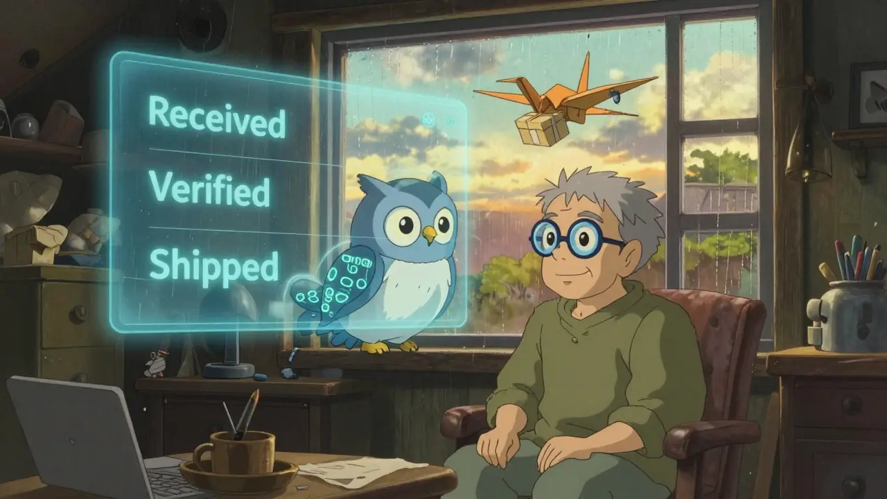 An elderly man smiling as a friendly owl-like digital assistant hovers, showing transfer progress on a glowing screen.