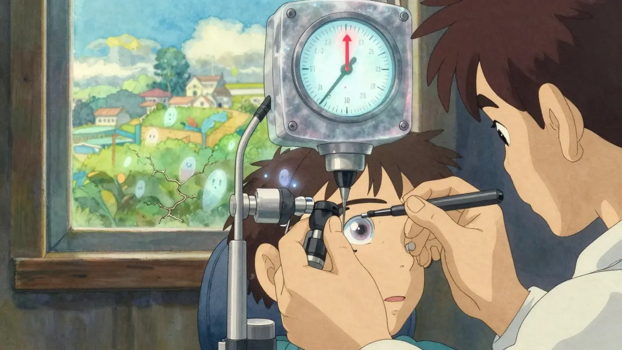 An ophthalmologist checking eye pressure, with a floating gauge rising and a frosted lens forming, under a calm window view.