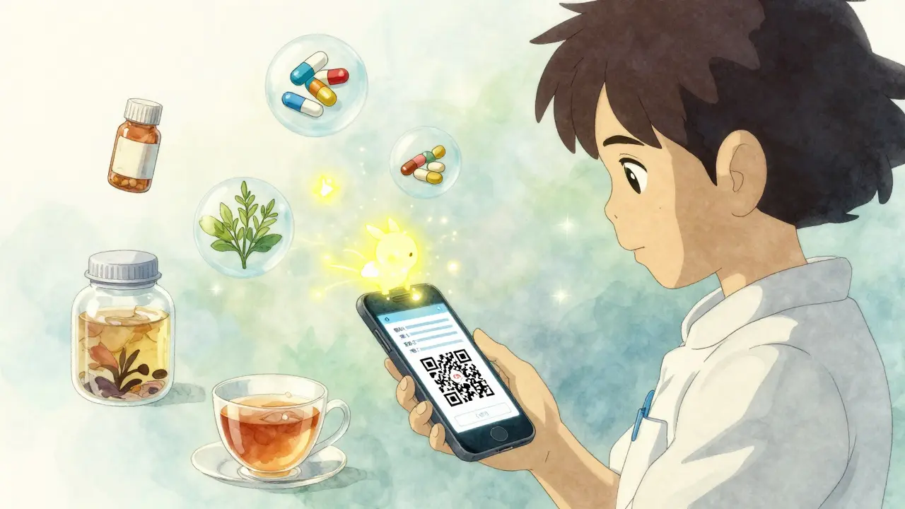 Caregiver scanning a QR code on a phone, with glowing pill and herb icons floating like fireflies.