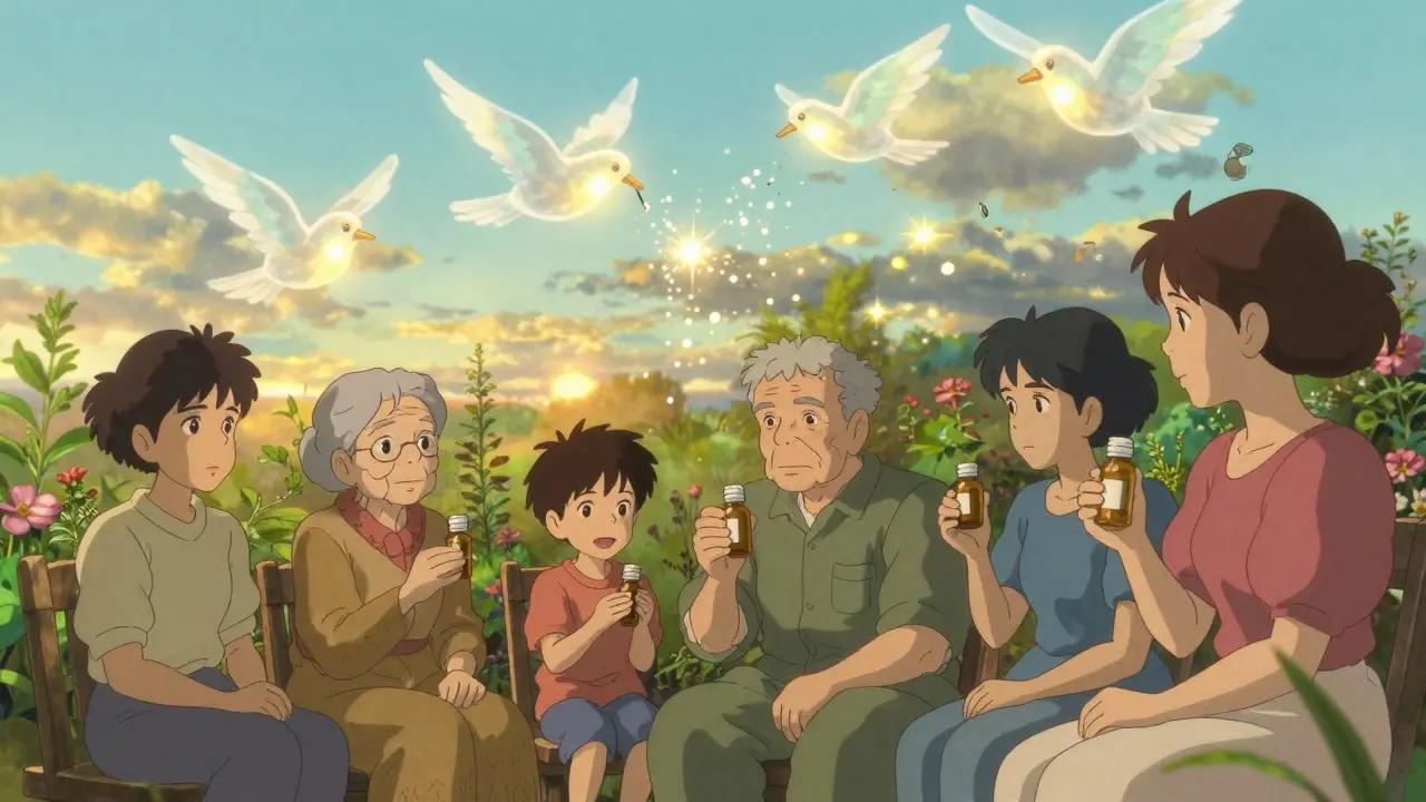 Diverse patients sit in a garden holding empty pill bottles, while spirit-birds carry glowing medicine vials across the sky—one shattering above them.