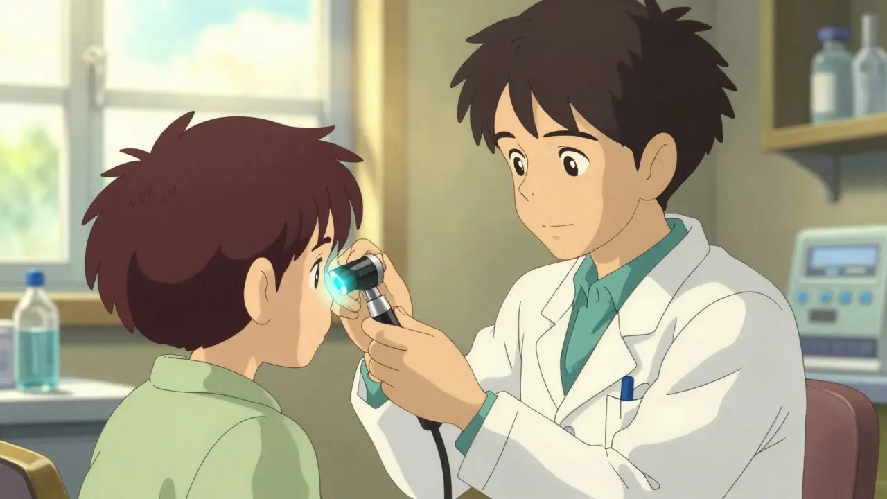 Doctor examining patient ear with otoscope in clinic