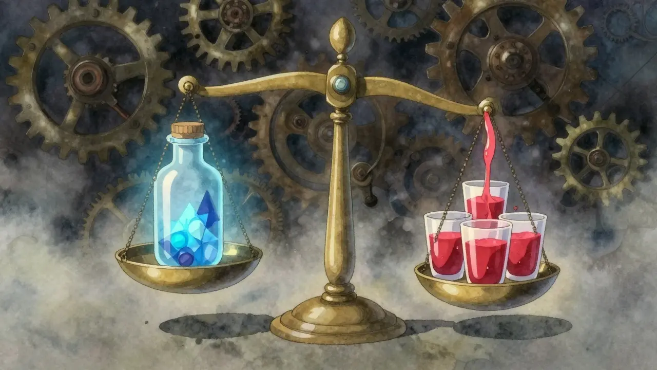 Floating scale tipping toward red cups symbolizing alcohol risk