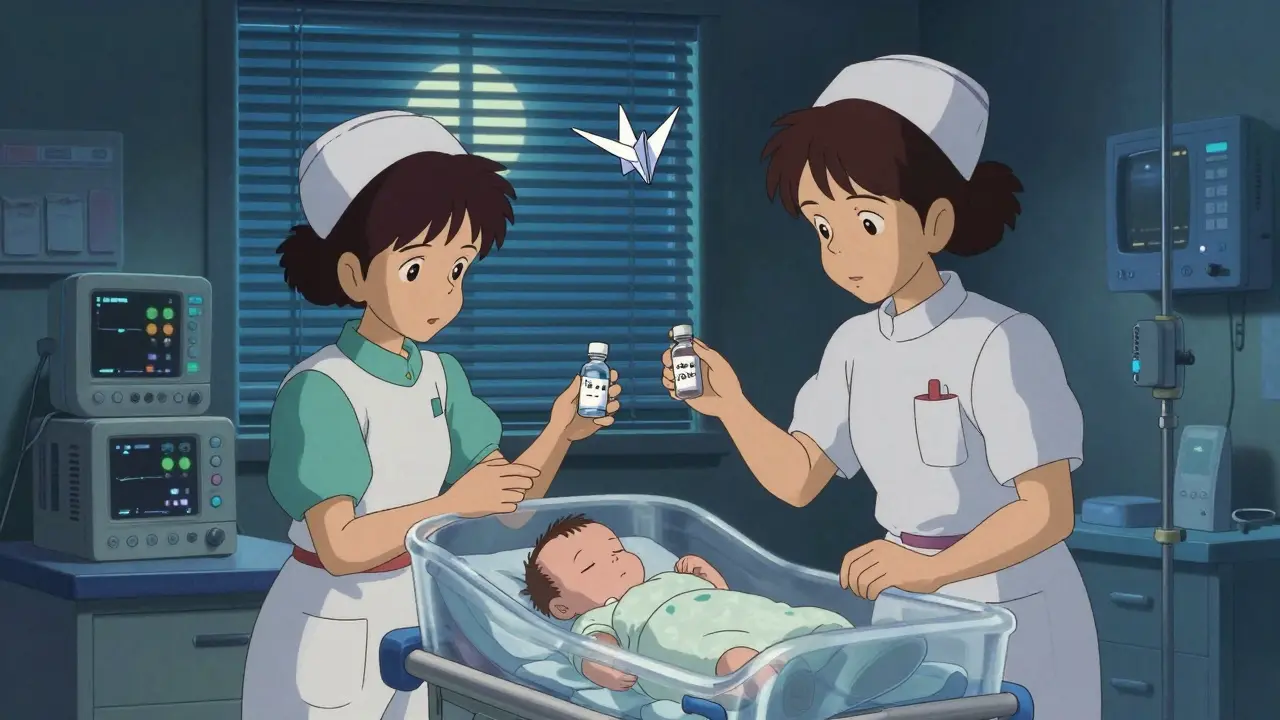 Nurses double-check potassium chloride for a sleeping infant in a softly lit pediatric ICU.