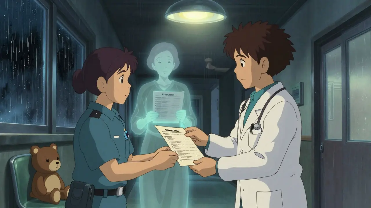 Paramedic and doctor reviewing a medication list in a quiet ER, with a gentle ghostly figure watching over them.