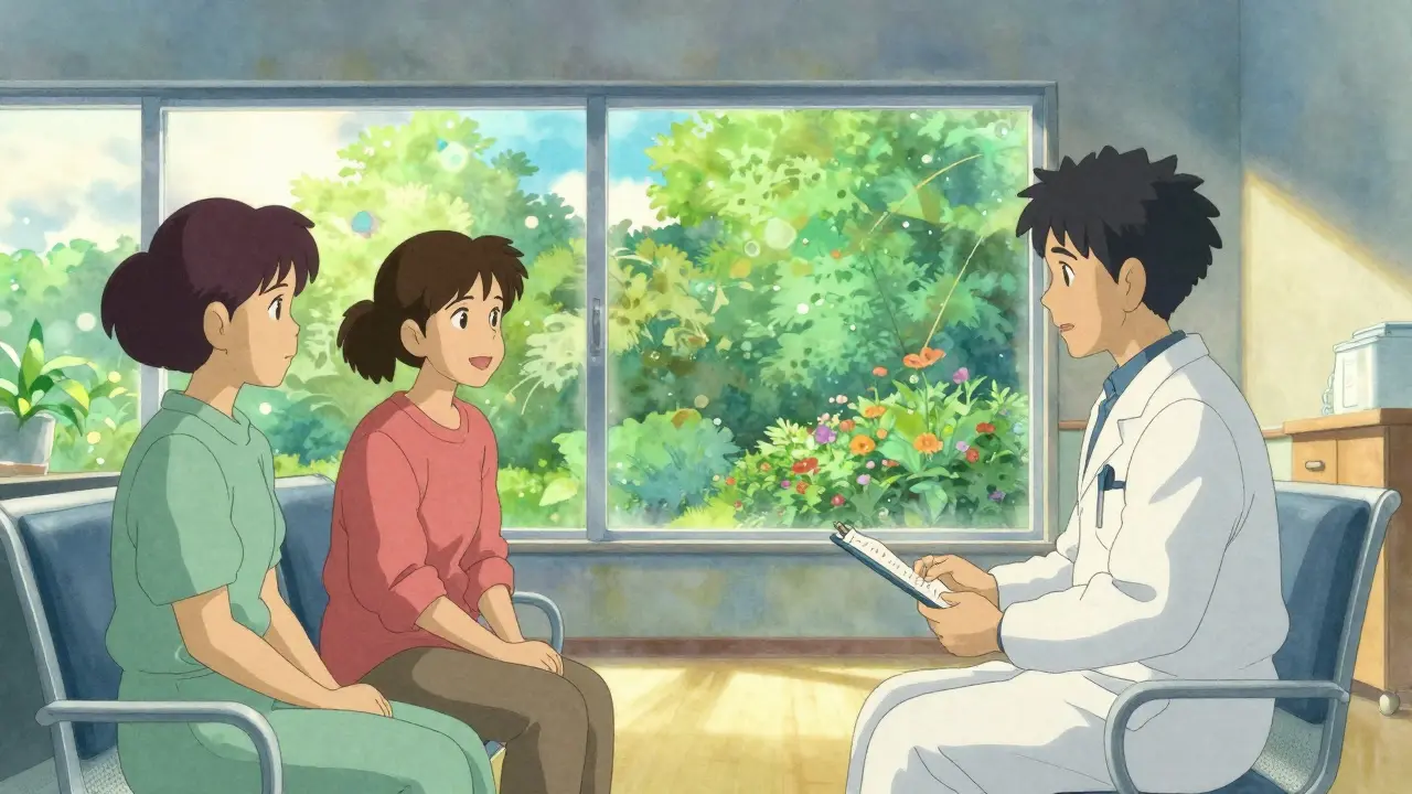 Patient smiling while consulting doctor in bright hospital waiting area