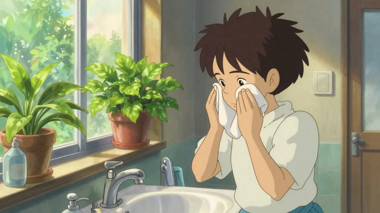 Person wiping outer ear with cloth in sunny bathroom