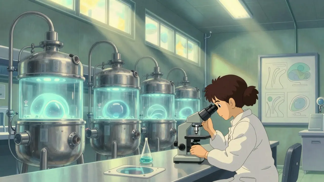 Researcher examining samples in modern biotech facility