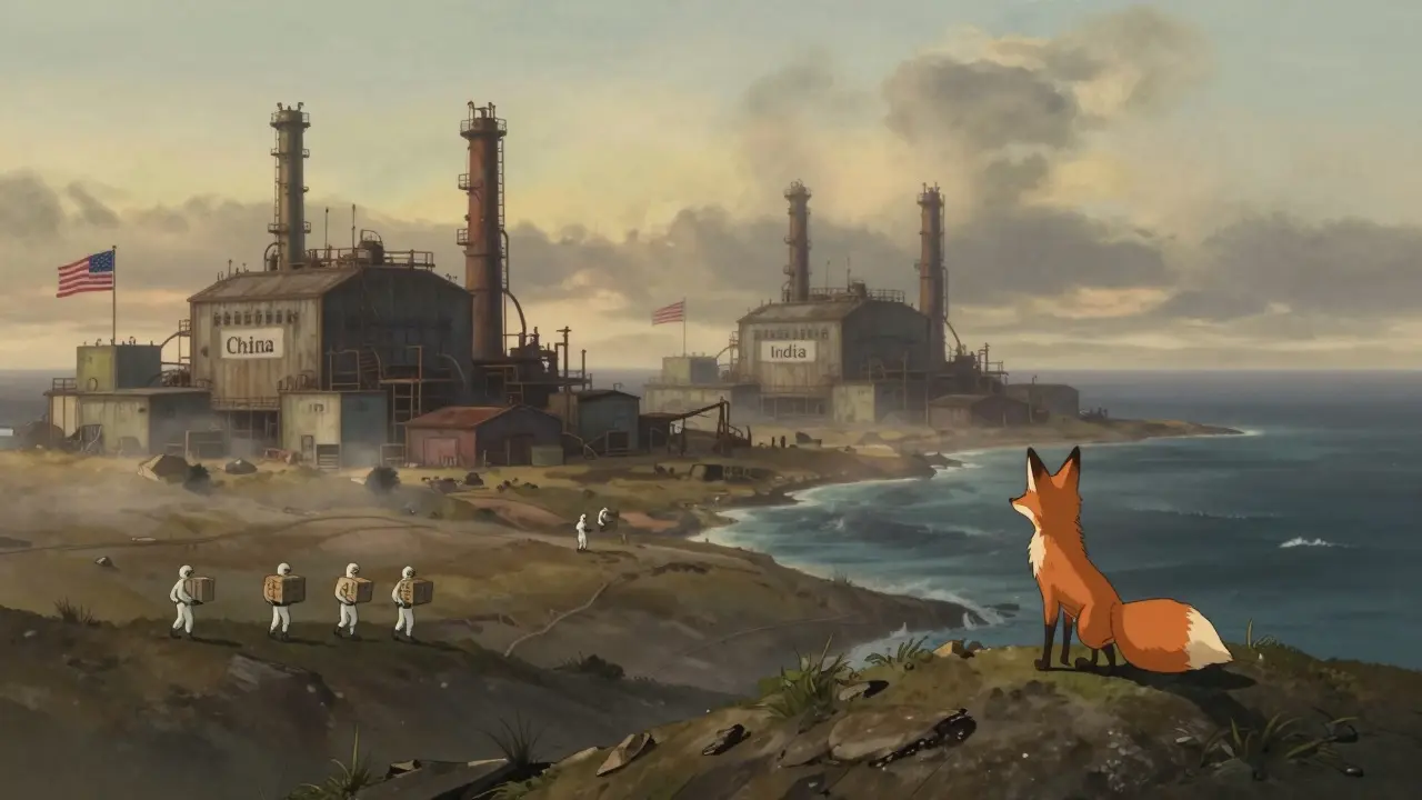 Two crumbling overseas drug factories loom under a stormy sky, with tiny workers carrying empty crates as a spirit fox watches from afar.