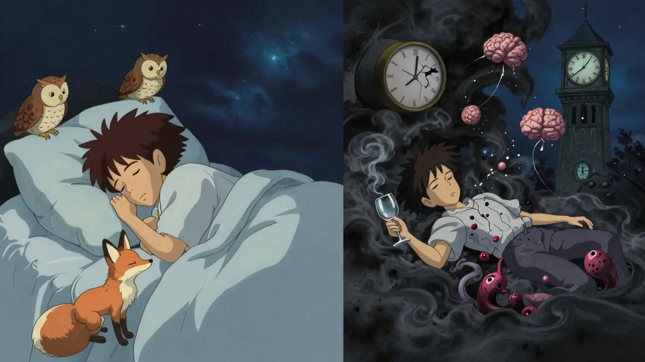 Two parallel scenes: peaceful sleep vs. chaotic rest after drinking, with brain toxins and broken clocks symbolizing long-term damage.