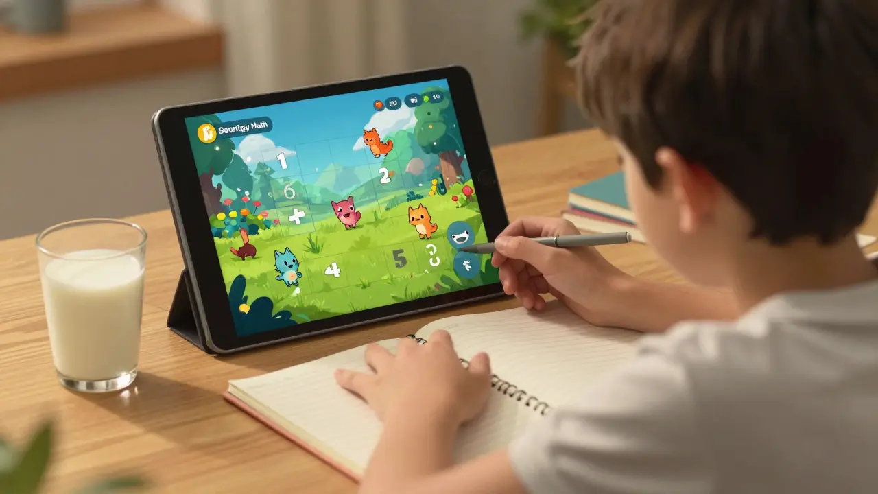A child studying with a gamified math app on a tablet at home